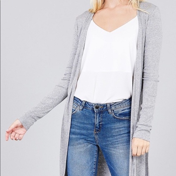 ARIA Grey Ribbed Side Slit Cardigan Sweater - Picture 6 of 7